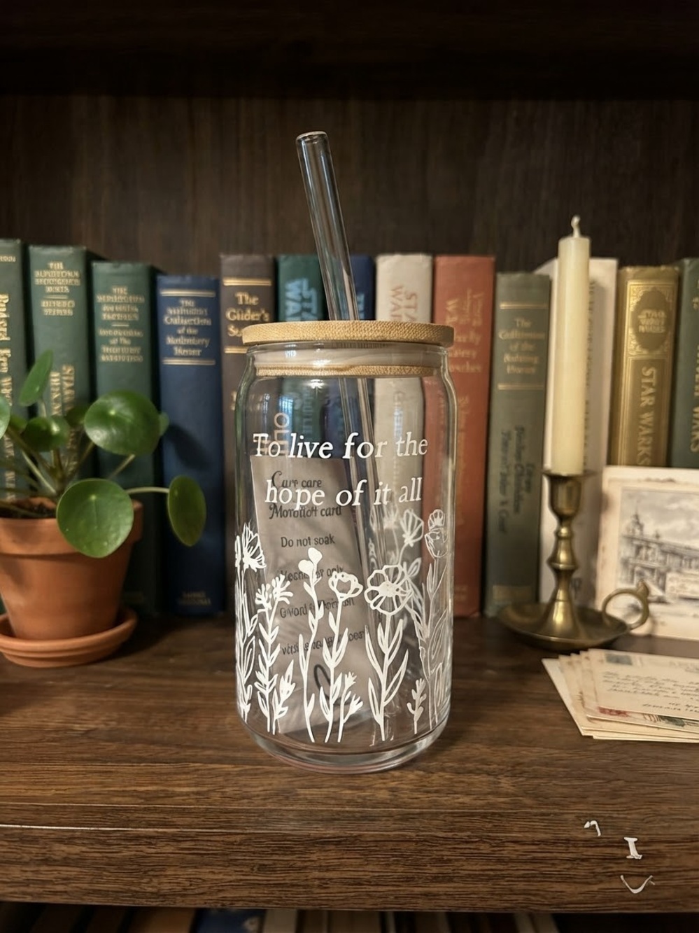 Clear Glass Floral Straw Tumbler with Bamboo Lid - Quote Taylor Swift Cup